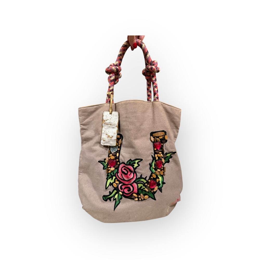Betsey Johnson Beige Tote with Floral Embroidery